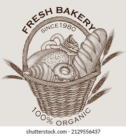 Vector illustration of a banner template for a bakery. Graphical linear baking. Bread, desserts, cupcake, pretzel, donut, croissant in a wicker basket