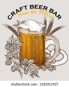 Vector illustration of banner template for bar in engraving style. Graphic linear beer in a mug, hops, spikelets, pretzel