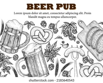 Vector illustration banner template for beer bar in engraving style. Graphic linear two cups of beer, hops, spikelets, pretzel, sausage, garlic, bread board