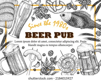 Vector illustration banner template for beer bar in engraving style. Graphic linear cups and glasses of beer, hops, spikelets, pretzel, sausages, garlic, board with bread, fish