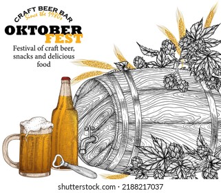 Vector illustration banner template in engraving style. Graphic linear wooden barrel, bottle and mug of beer, hops, spikelets