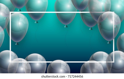 Vector Illustration Banner. Template Festive Gift Greeting Card with Beautiful Randomly Flying Shiny Transparent Balloons on the Bright Blue Background. Anniversary Card for Birthday with Square Frame