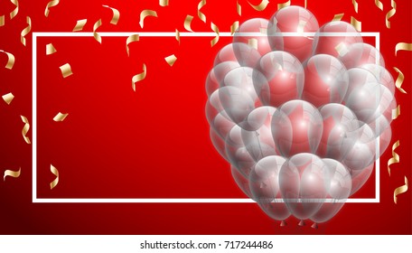 Vector Illustration Banner. Template Festive Gift Greeting Card with Beautiful Randomly Flying Shiny Transparent Balloons on the Bright Red Background. Anniversary Card for Birthday with Square Frame