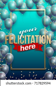 Vector Illustration Banner. Template Festive Gift Greeting Card with Beautiful Randomly Flying Shiny Transparent Balloons on the Bright Blue Background. Anniversary Card for Birthday with Square Frame