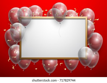 Vector Illustration Banner. Template Festive Gift Greeting Card with Beautiful Randomly Flying Shiny Transparent Balloons on the Bright Red Background. Anniversary Card for Birthday with Square Frame