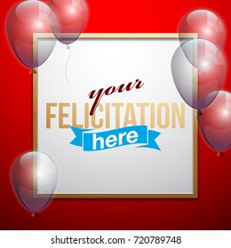 Vector Illustration Banner. Template Festive Gift Greeting Card with Beautiful Randomly Flying Shiny Transparent Balloons on the Bright Red Background. Anniversary Card for Birthday with Square Frame