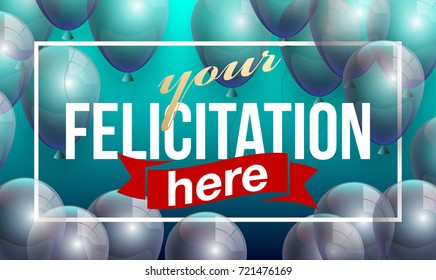 Vector Illustration Banner. Template Festive Gift Greeting Card with Beautiful Randomly Flying Shiny Transparent Balloons on the Bright Blue Background. Anniversary Card for Birthday with Square Frame