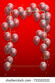 Vector Illustration Banner. Template Festive Gift Greeting Card with Beautiful Randomly Flying Shiny Transparent Balloons on the Bright Red Background. Anniversary Card for Birthday with Square Frame