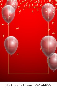Vector Illustration Banner. Template Festive Gift Greeting Card with Beautiful Randomly Flying Shiny Transparent Balloons on the Bright Red Background. Anniversary Card for Birthday with Square Frame