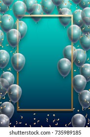 Vector Illustration Banner. Template Festive Gift Greeting Card with Beautiful Randomly Flying Shiny Transparent Balloons on the Bright Blue Background. Anniversary Card for Birthday with Square Frame