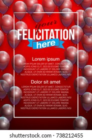 Vector Illustration Banner. Template Festive Gift Greeting Card with Beautiful Randomly Flying Shiny Transparent Balloons on the Bright Red Background. Anniversary Card for Birthday with Square Frame