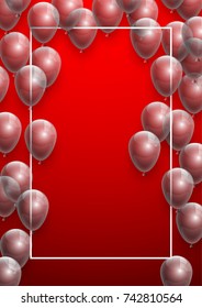 Vector Illustration Banner. Template Festive Gift Greeting Card with Beautiful Randomly Flying Shiny Transparent Balloons on the Bright Red Background. Anniversary Card for Birthday with Square Frame