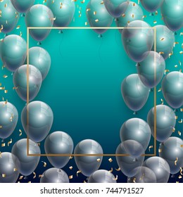 Vector Illustration Banner. Template Festive Gift Greeting Card with Beautiful Randomly Flying Shiny Transparent Balloons on the Bright Blue Background. Anniversary Card for Birthday with Square Frame