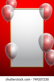 Vector Illustration Banner. Template Festive Gift Greeting Card with Beautiful Randomly Flying Shiny Transparent Balloons on the Bright Red Background. Anniversary Card for Birthday with Square Frame