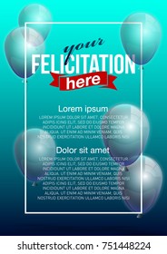 Vector Illustration Banner. Template Festive Gift Greeting Card with Beautiful Randomly Flying Shiny Transparent Balloons on the Bright Blue Background. Anniversary Card for Birthday with Square Frame