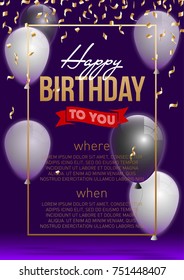 Vector Illustration Banner. Template Festive Gift Greeting Card with Beautiful Randomly Flying Shiny Transparent Balloons on the Bright Blue Background. Anniversary Card for Birthday with Square Frame