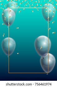 Vector Illustration Banner. Template Festive Gift Greeting Card with Beautiful Randomly Flying Shiny Transparent Balloons on the Bright Blue Background. Anniversary Card for Birthday with Square Frame