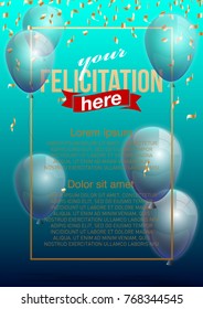 Vector Illustration Banner. Template Festive Gift Greeting Card with Beautiful Randomly Flying Shiny Transparent Balloons on the Bright Blue Background. Anniversary Card for Birthday with Square Frame