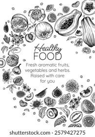 Vector illustration banner template with fruits. Whole fruits, slices, halves. Brochure for grocery store. Healthy eating. Raw food. Tropical botany