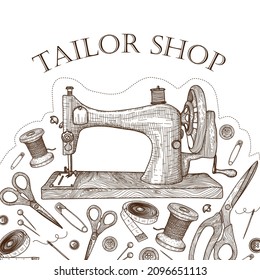 Vector illustration of a banner template for a tailor shop. Graphic linear sewing machine, needle, pin, scissors, thread on a spool, buttons, hairpin, measuring tape