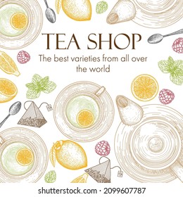 Vector illustration of a banner template for a teahouse. Graphic linear color tea cup, teapot, spoon, tea bag, lemon, mint, raspberry
