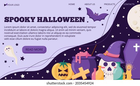 Vector illustration banner template with text for halloween with trick or treat objects in a flat style. Vector illustration