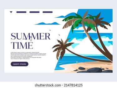Vector illustration of a banner template for a website, summer time, surfboards and a beach ball, a beach landscape with palm trees, a sea view with clouds