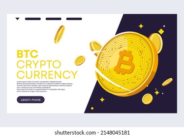 Vector illustration of a banner template for a website, bitcoin gold coins, btc cryptocurrency
