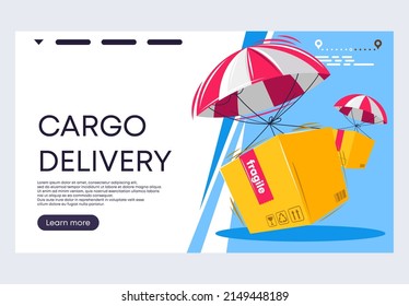 vector illustration of a banner template for a website, air delivery service, cargo and boxes delivery by air using air probes and balloons