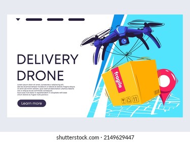 ilustración vectorial de una plantilla de banner para un sitio web, servicio de entrega por aire, entrega de mercancías y cajas por aire utilizando drones voladores, con un mapa de la ciudad y etiqueta de geolocalización