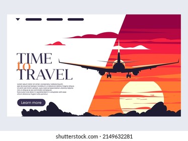 vector illustration of a banner template for a website time to travel, plane taking of, rear view, against a sunset background