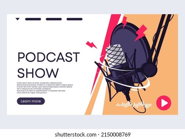 Vector illustration of a banner template for a website, a professional studio microphone for recording podcasts