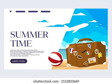 Ilustración vectorial de una plantilla de banner para un sitio web, verano, bolsa de equipaje vintage con pegatinas y una bola de playa parado en la playa en el fondo del mar
