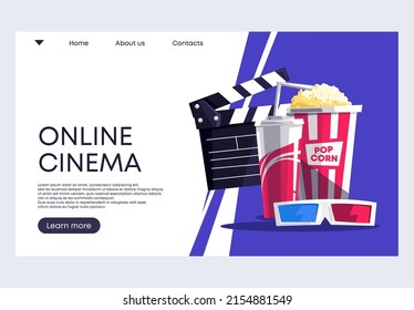 Vector illustration of a banner template for a website with the concept of an online cinema, popcorn in a soda bag and glasses for watching 3D movies