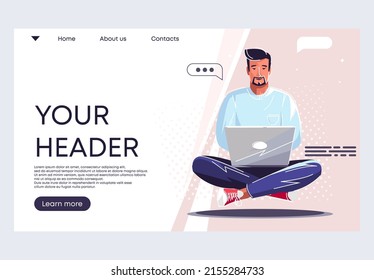 Vector illustration of a banner template for a website, a man sitting in a lotus position, sitting at a laptop