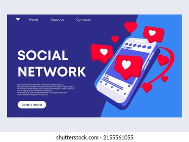 vector illustration of a banner template for a website with a smartphone, like icons in the background of a popular social network on a monitor