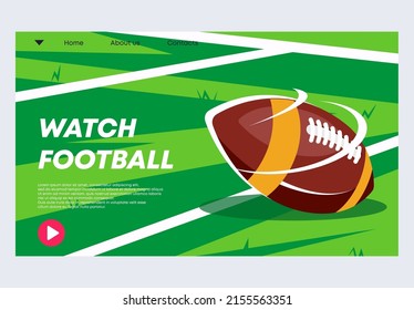 vector illustration banner template for the website with American football ball lying on the green lawn of a football field, a service for watching an online match via the Internet