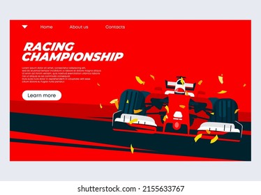 vector illustration of a banner template for the website  for a sports car race,the winner of a racing sports car with a wreath and a trophy, confetti for the winner, the champion of racing