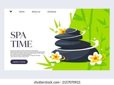 Vector illustration of a banner template for a website, Spa stones, Plumeria flowers, bamboo background and leaves in the background,Zen