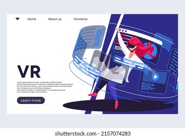 Vektorgrafik einer Bannervorlage für eine Website, Mädchen in der virtuellen Realität Brille in der Luft, Wolken mit projektionsgrafischen Analysen rund um die Welt