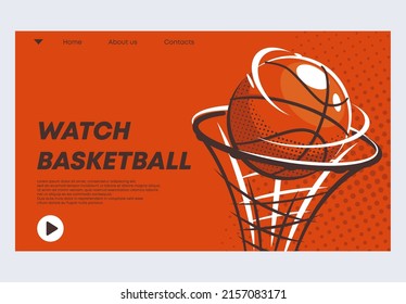 vector illustration of a banner template for the website of an online basketball video service, a basketball ball flies into a ring on an orange background