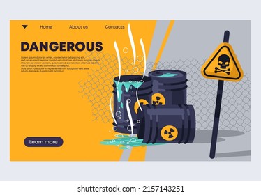 vector illustration of a banner template for a website, hazardous chemical waste in barrels, a warning sign of danger