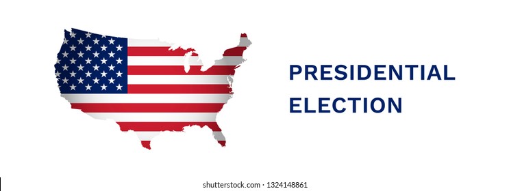 Vector illustration banner with USA map. American flag. Presidential election in 2020. Stars and stripes. Red, blue colors, white background