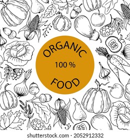 Vector illustration, banner. Vegetables drawn in the style of doodle sketch, the inscription organic food.
