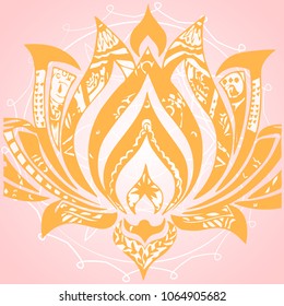 Vector illustration of a Banner for Vesak Day with Gold Lotus Flower and white mandala on a pink background.