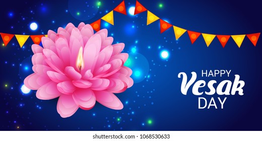 Vector illustration of a Banner for Vesak Day with Pink Lotus Flower.
