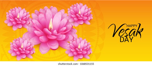 Vector illustration of a Banner for Vesak Day with Pink Lotus Flower.