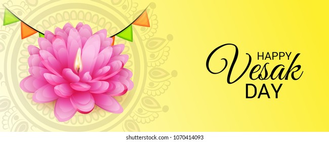 Vector illustration of a Banner for Vesak Day with Pink Lotus Flower.