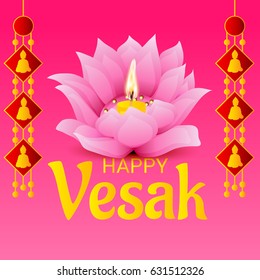 Vector illustration of a Banner for Vesak Day with Pink Lotus Flower.
