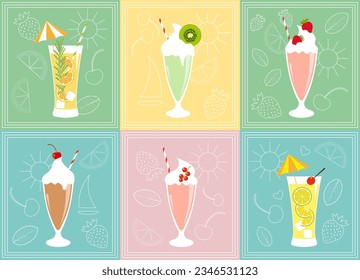 Vector illustration, banner, web icons - milkshake with fruits, lemonade with citrus and rosemary.